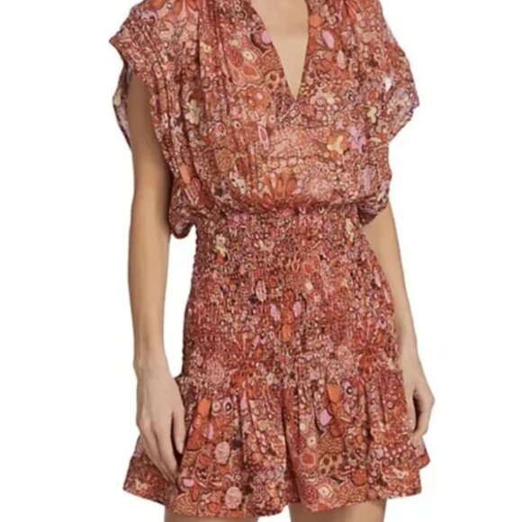 A.L.C. Carly Smocked Print Silk Mini Dress, Size 2 - Picture 11 of 14